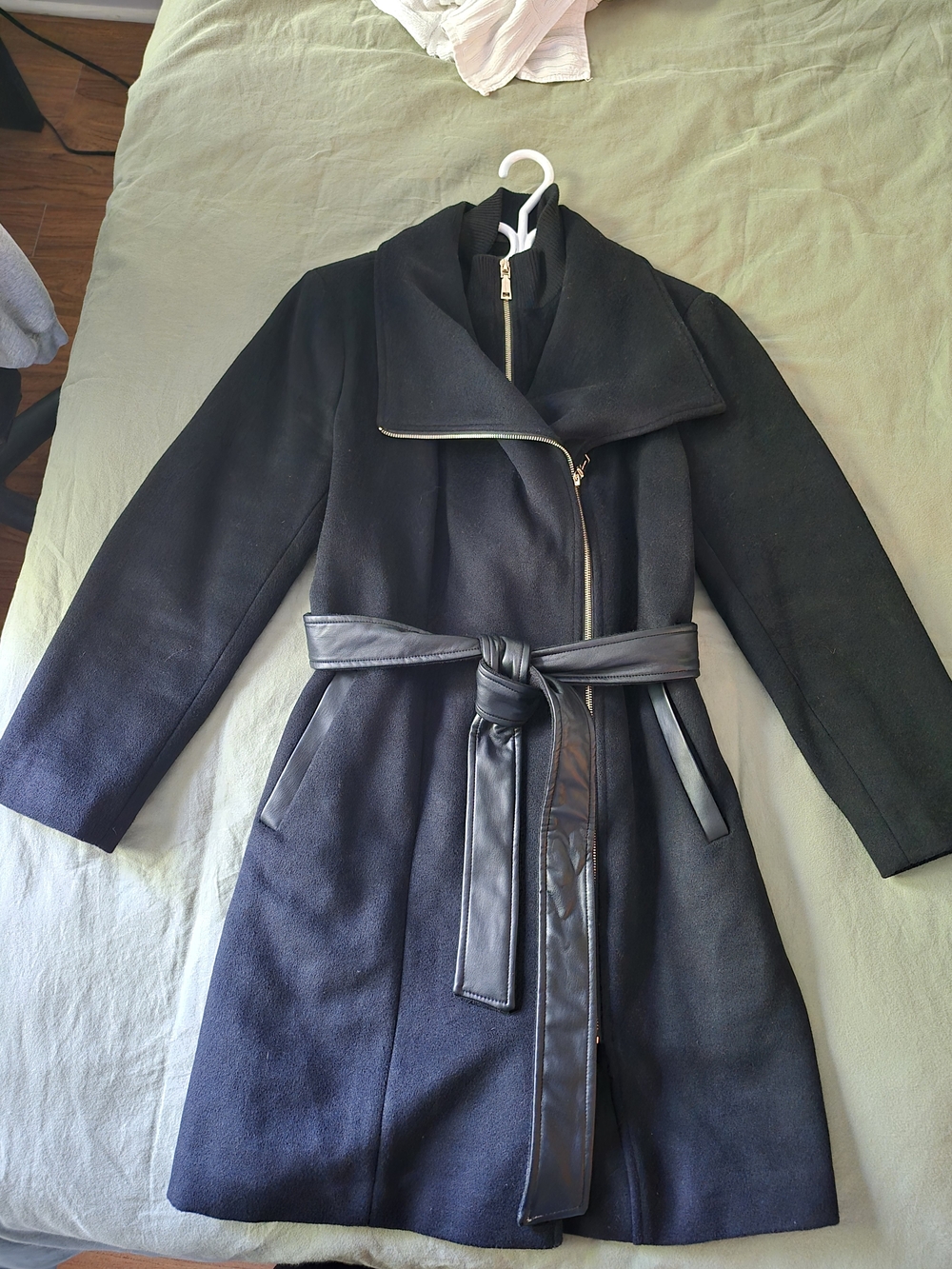 Vince Camuto Wool Black Belted Trench Coat with Leather-Trim